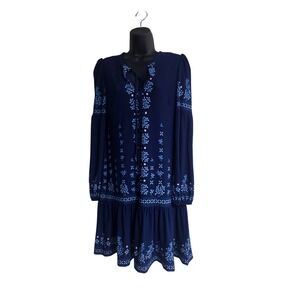 Taylor Womens Navy Blue Floral Print Drop Waist Ruffle Hem Tie Neck Dress Sz M